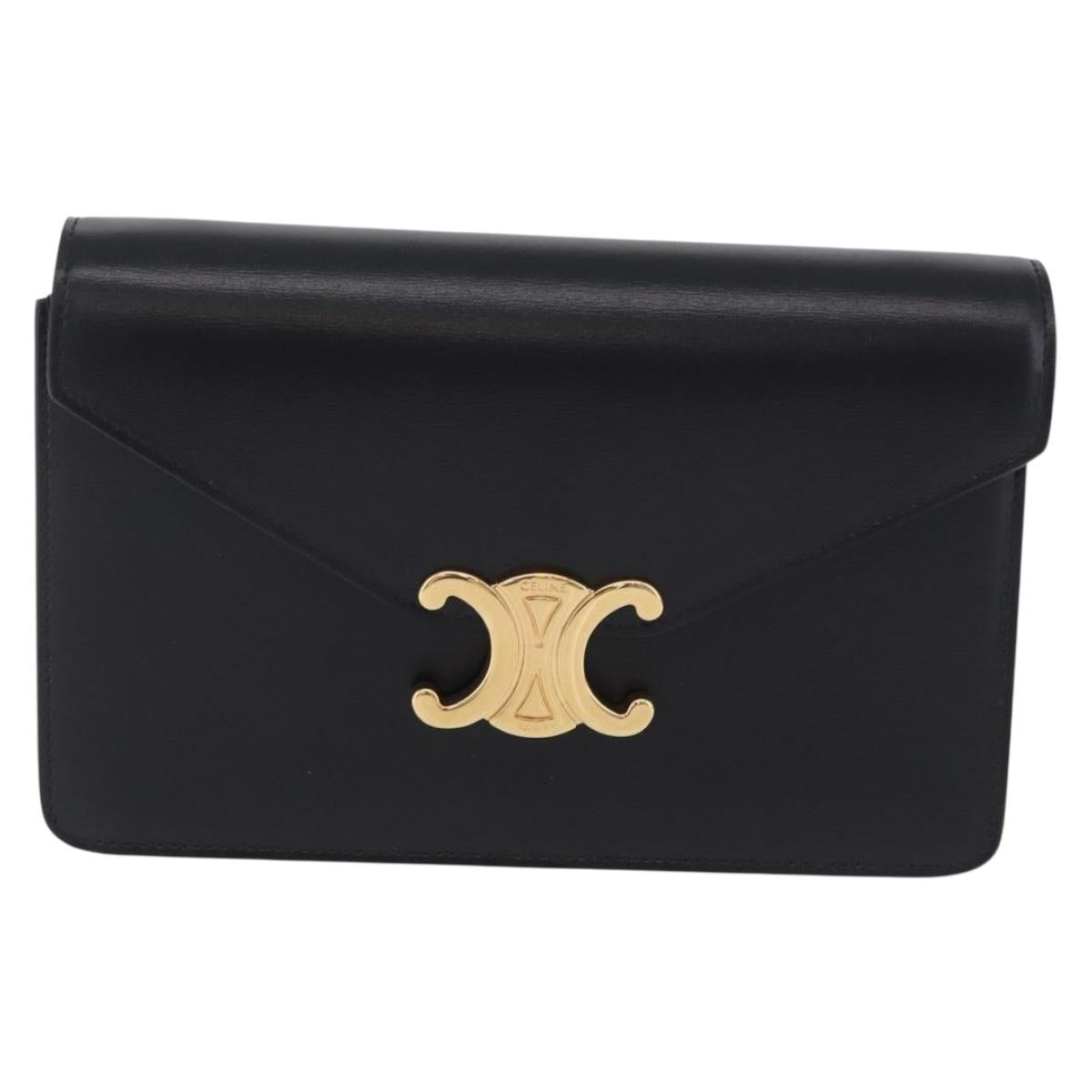 CELINE Triomphe Chain Shoulder Bag Leather Black Gold Tone Auth ka6199SAM