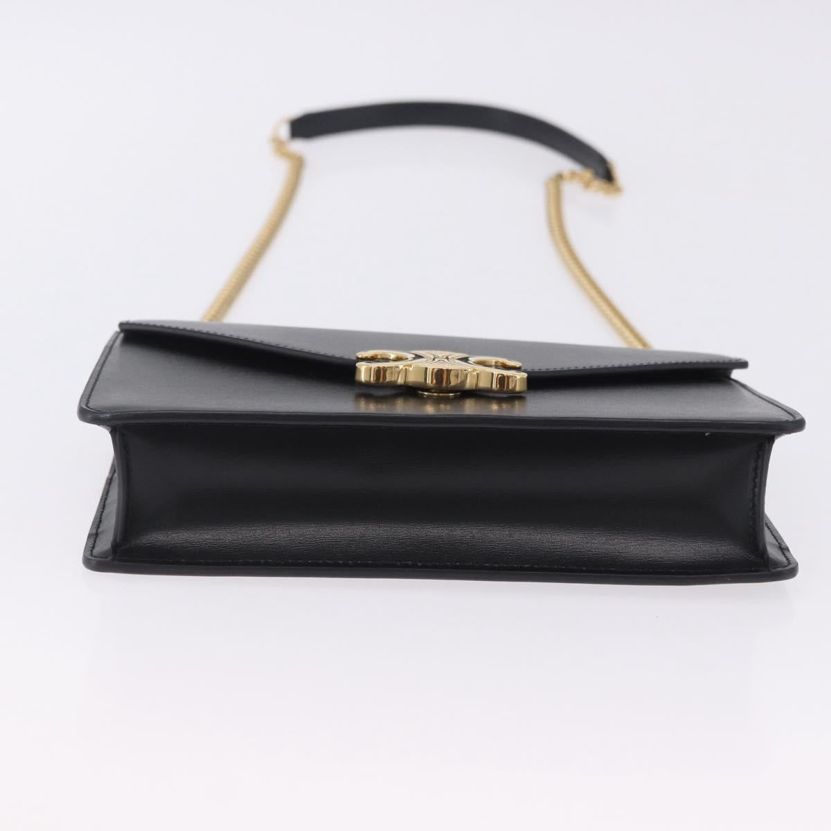 CELINE Triomphe Chain Shoulder Bag Leather Black Gold Tone Auth ka6199SAM