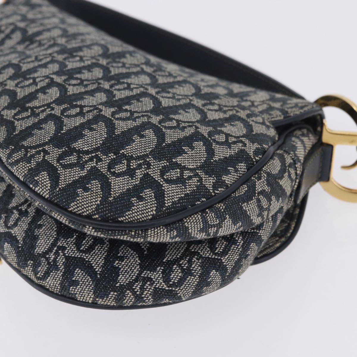 Christian Dior Trotter Canvas Saddle Shoulder Bag Navy Gold Tone Auth ka6200V