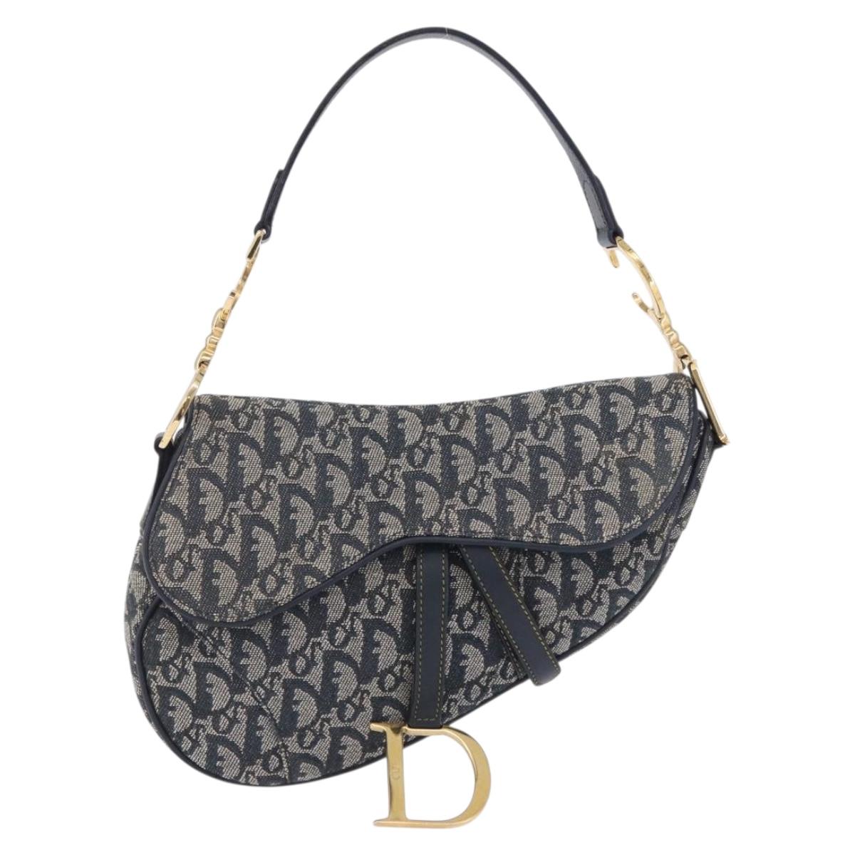 Christian Dior Trotter Canvas Saddle Shoulder Bag Navy Gold Tone Auth ka6200V