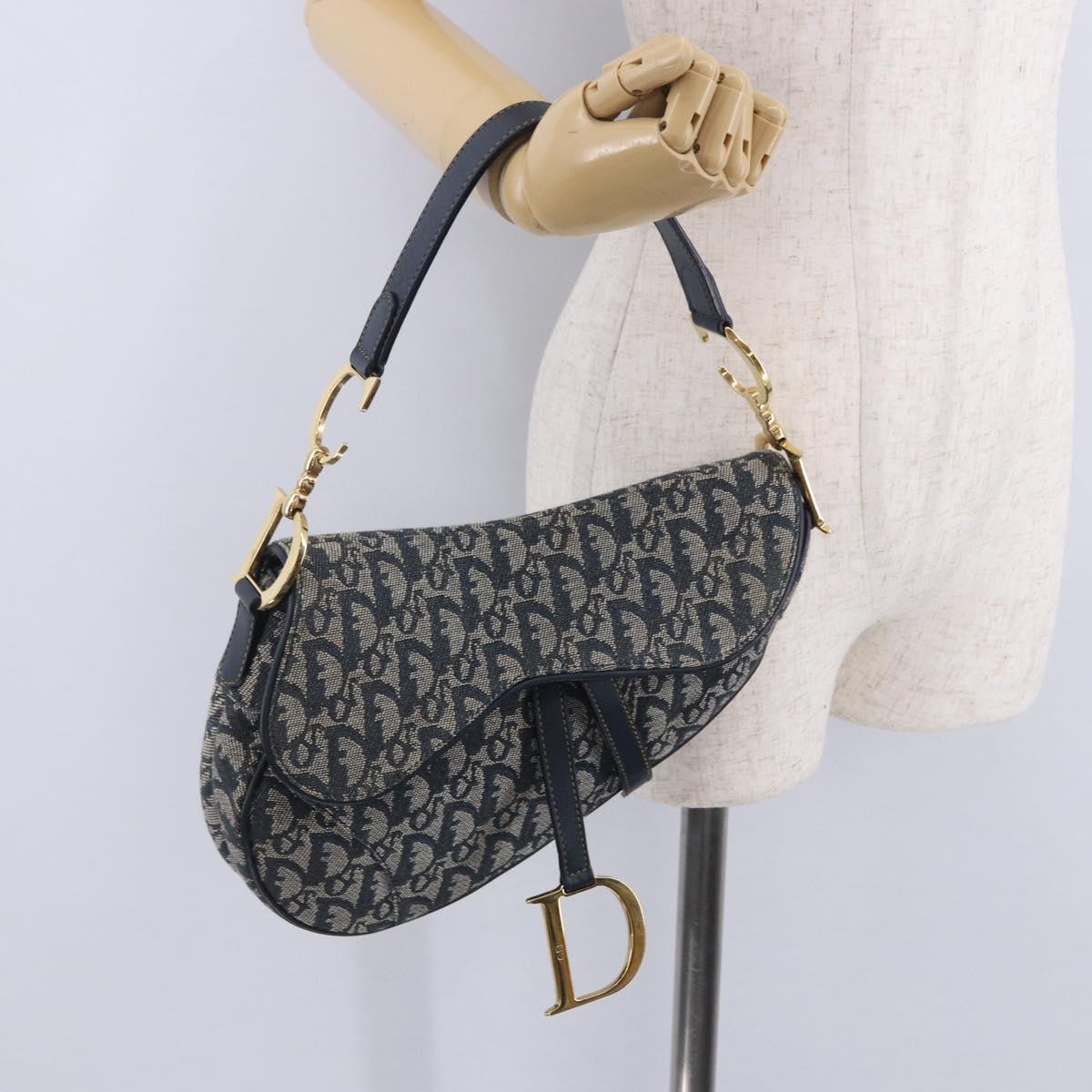 Christian Dior Trotter Canvas Saddle Shoulder Bag Navy Gold Tone Auth ka6200V