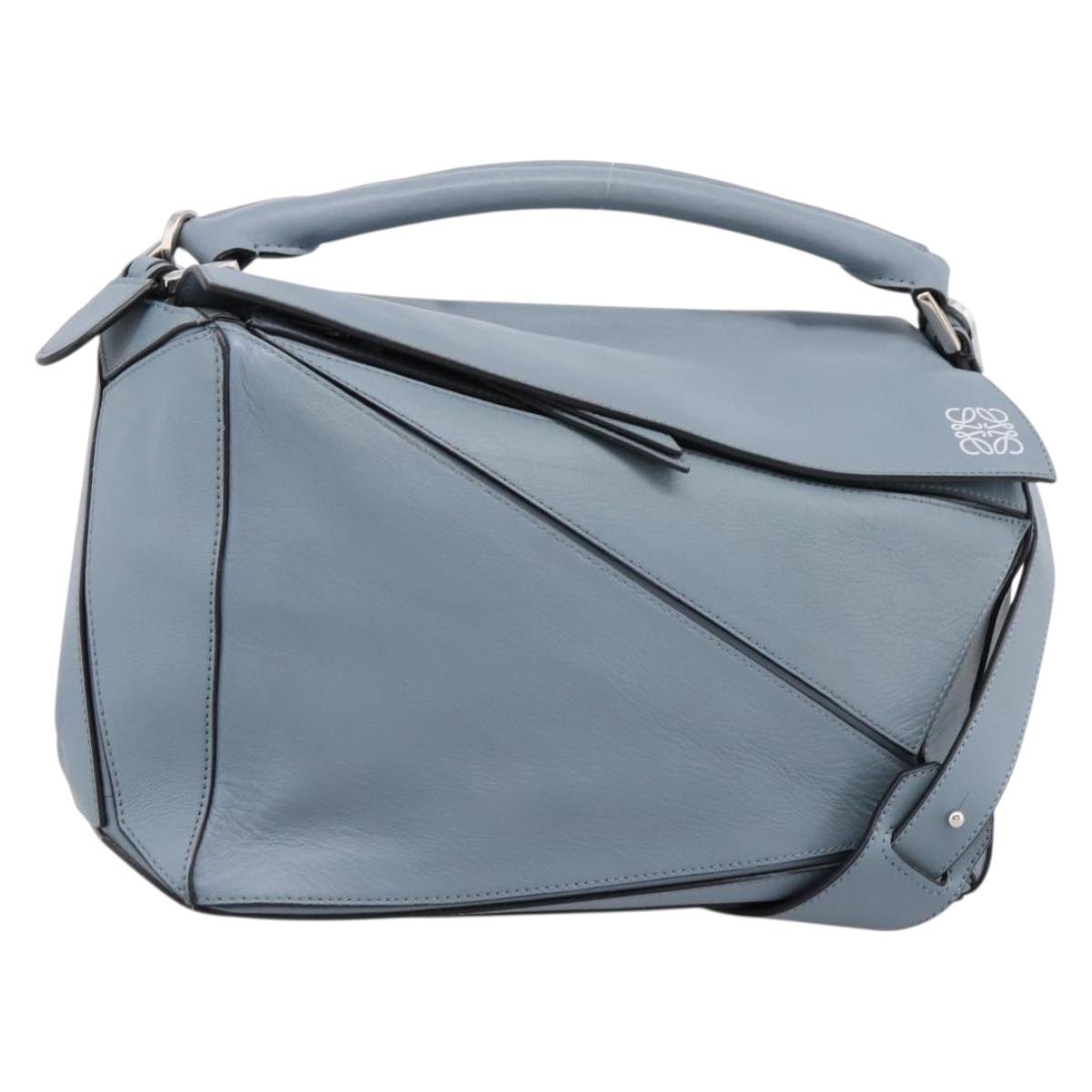 LOEWE Puzzle Bag Hand Bag Leather 2way Light Blue Silver Auth ka6201V