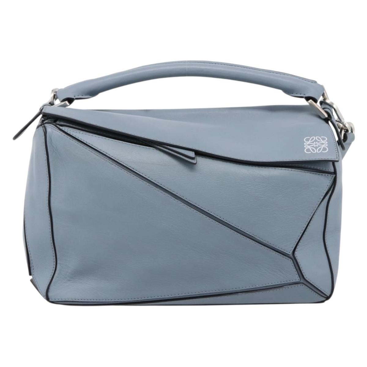 LOEWE Puzzle Bag Hand Bag Leather 2way Light Blue Silver Auth ka6201V