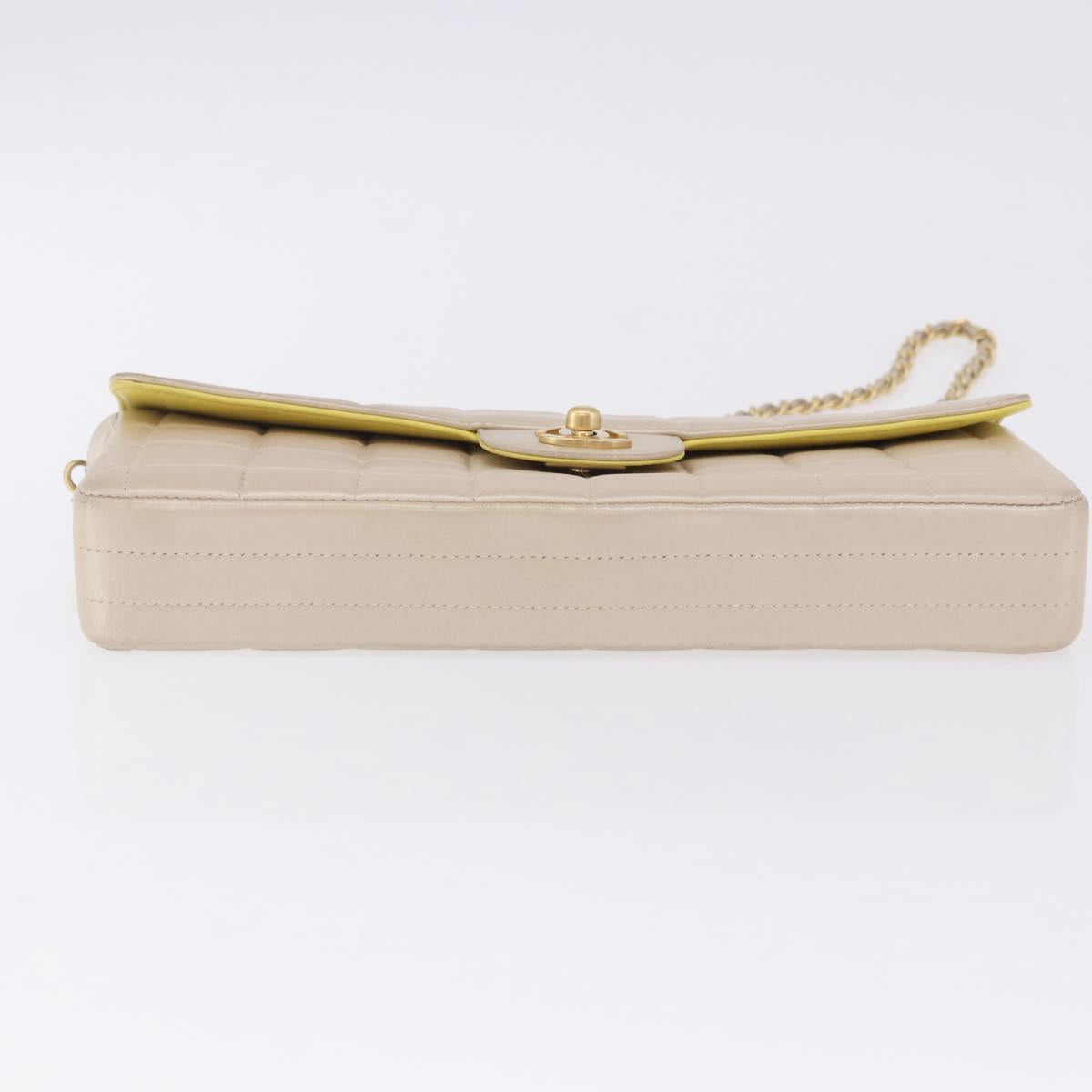 CHANEL Choco Bar Line Chain Shoulder Bag Lamb Skin Gold CC Auth ka6208V