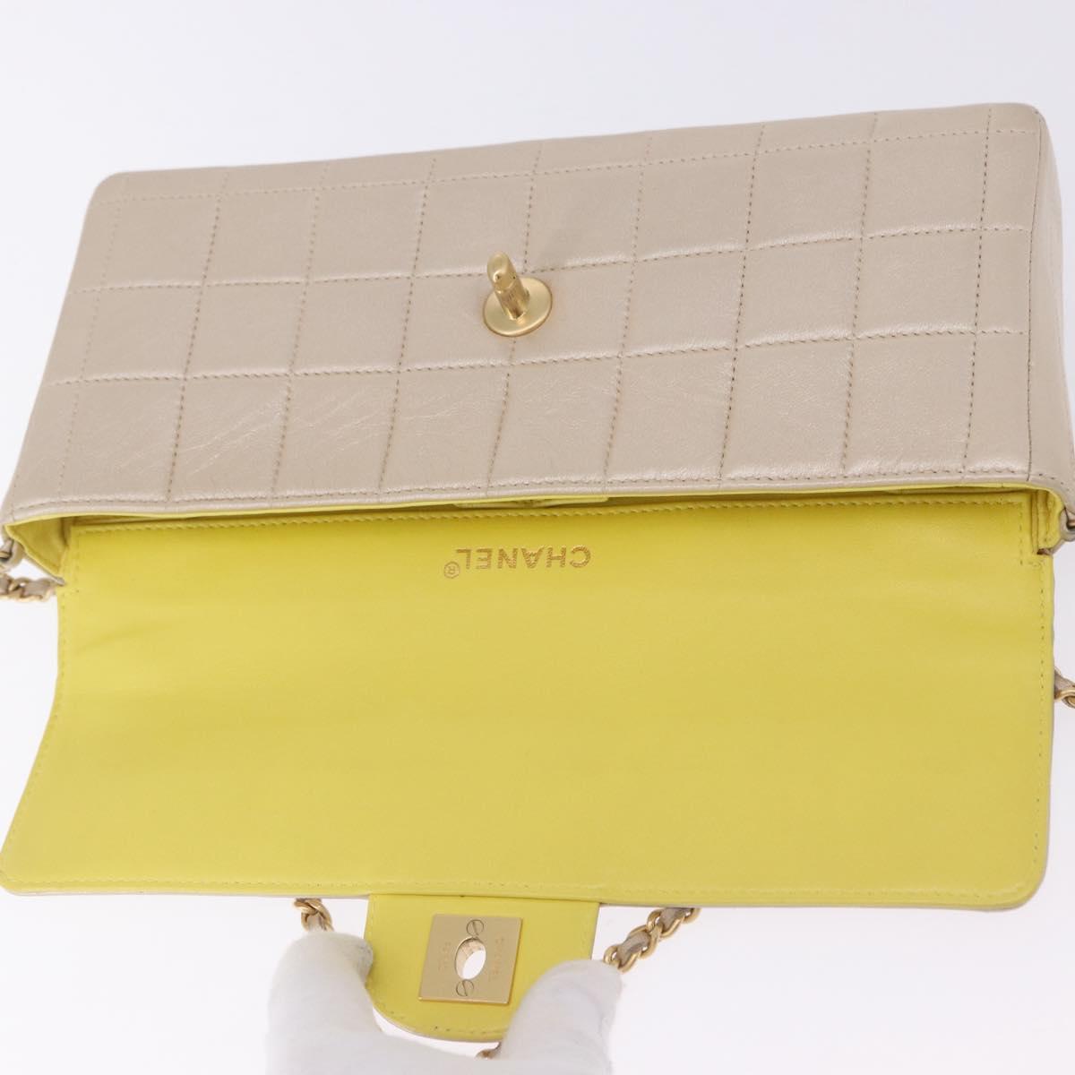 CHANEL Choco Bar Line Chain Shoulder Bag Lamb Skin Gold CC Auth ka6208V