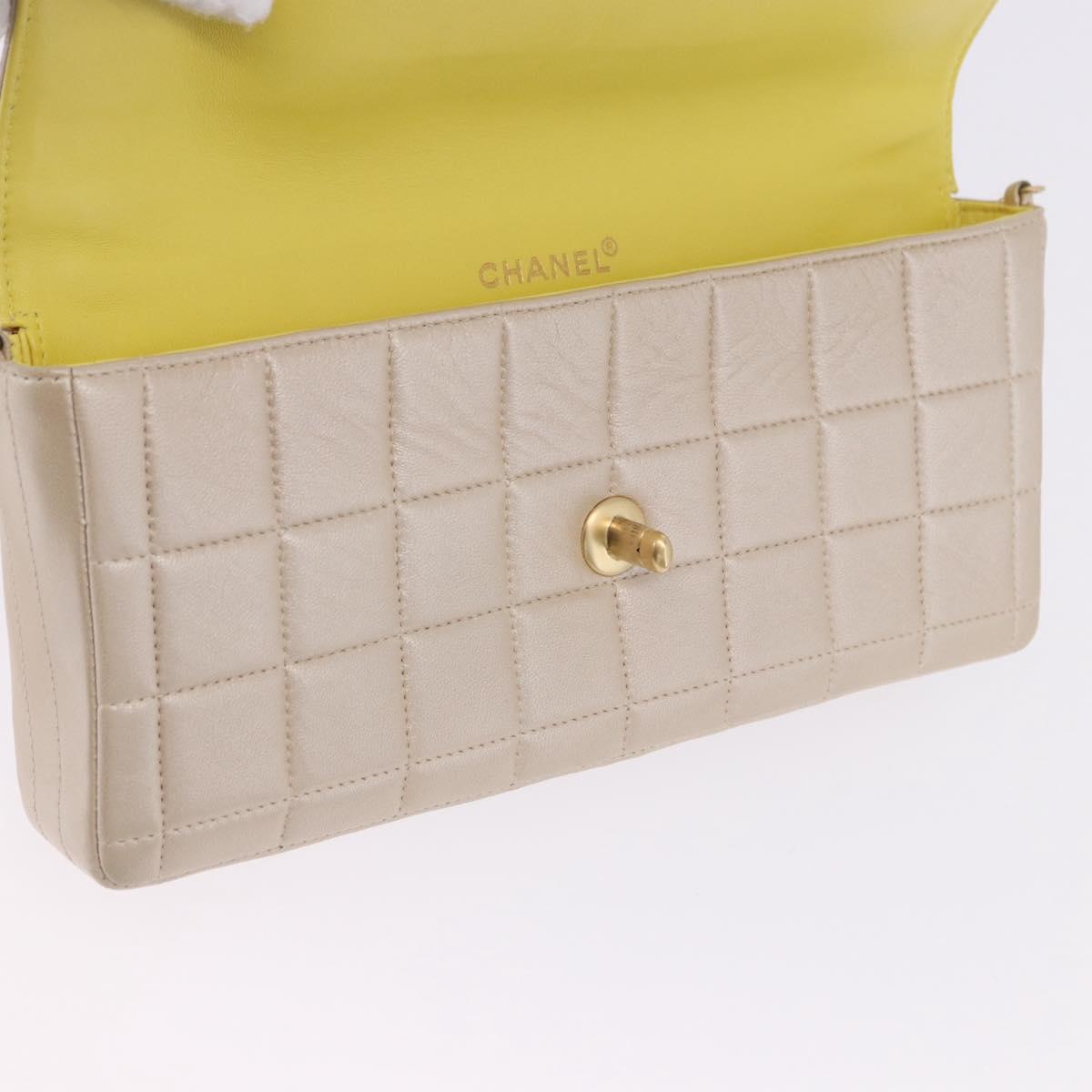 CHANEL Choco Bar Line Chain Shoulder Bag Lamb Skin Gold CC Auth ka6208V