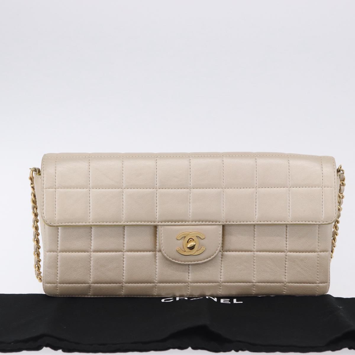 CHANEL Choco Bar Line Chain Shoulder Bag Lamb Skin Gold CC Auth ka6208V