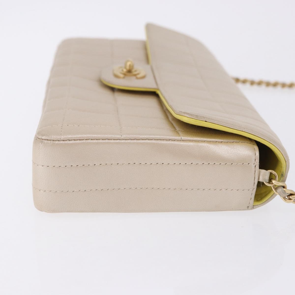 CHANEL Choco Bar Line Chain Shoulder Bag Lamb Skin Gold CC Auth ka6208V