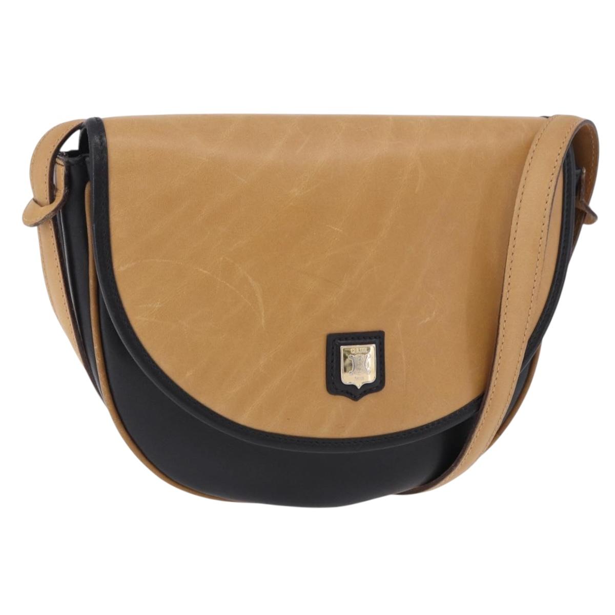 CELINE Shoulder Bag Leather Beige Gold Tone Auth ka6215