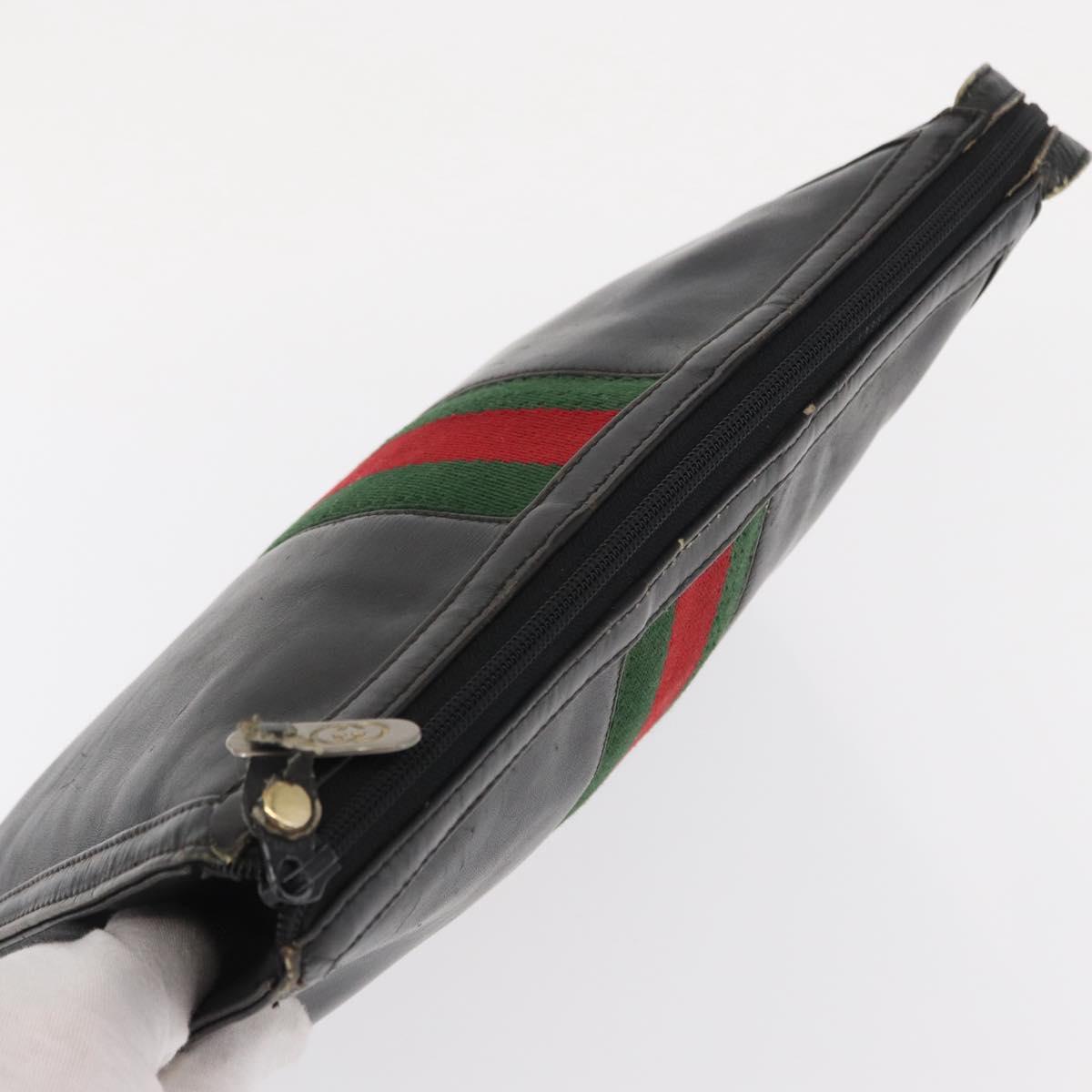 GUCCI Web Sherry Line Clutch Bag Leather Black Gold Auth ka622