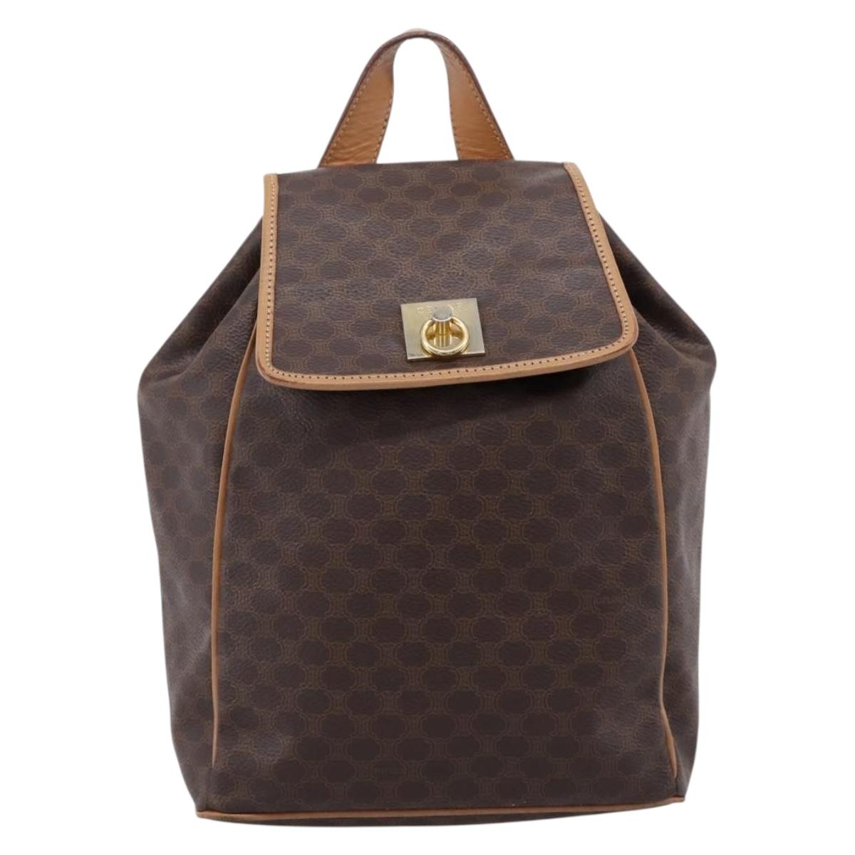 CELINE Macadam Backpack PVC Leather Brown Gold Tone Auth ka6222