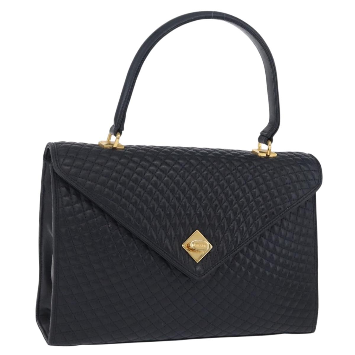 BALLY Hand Bag Leather Navy Gold Tone Auth ka6224