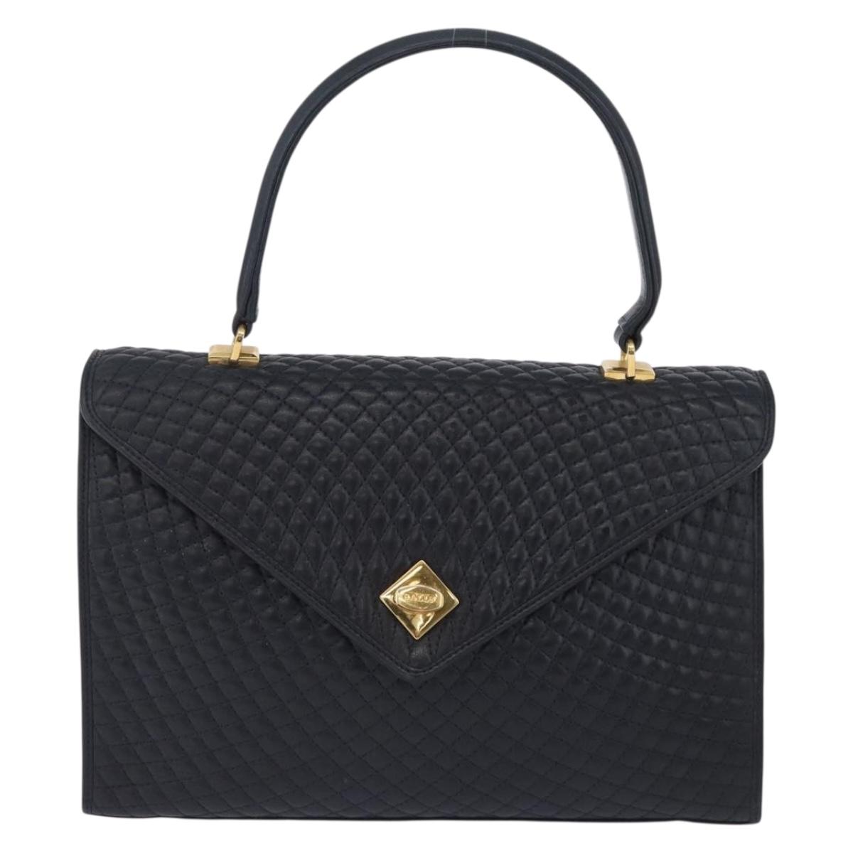 BALLY Hand Bag Leather Navy Gold Tone Auth ka6224