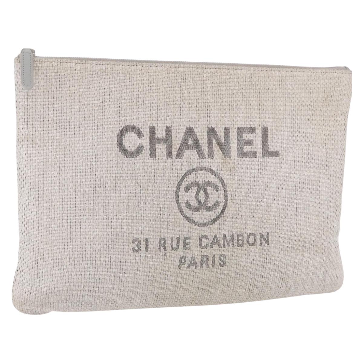 CHANEL Deauville Clutch Bag Straw Gray Silver CC Auth ka6238A