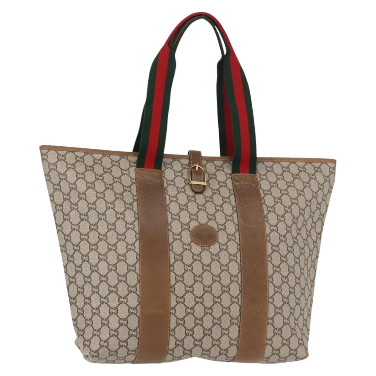 GUCCI GUCCI Plus Supreme Web Sherry Line Tote Bag PVC Beige Gold Auth ka624