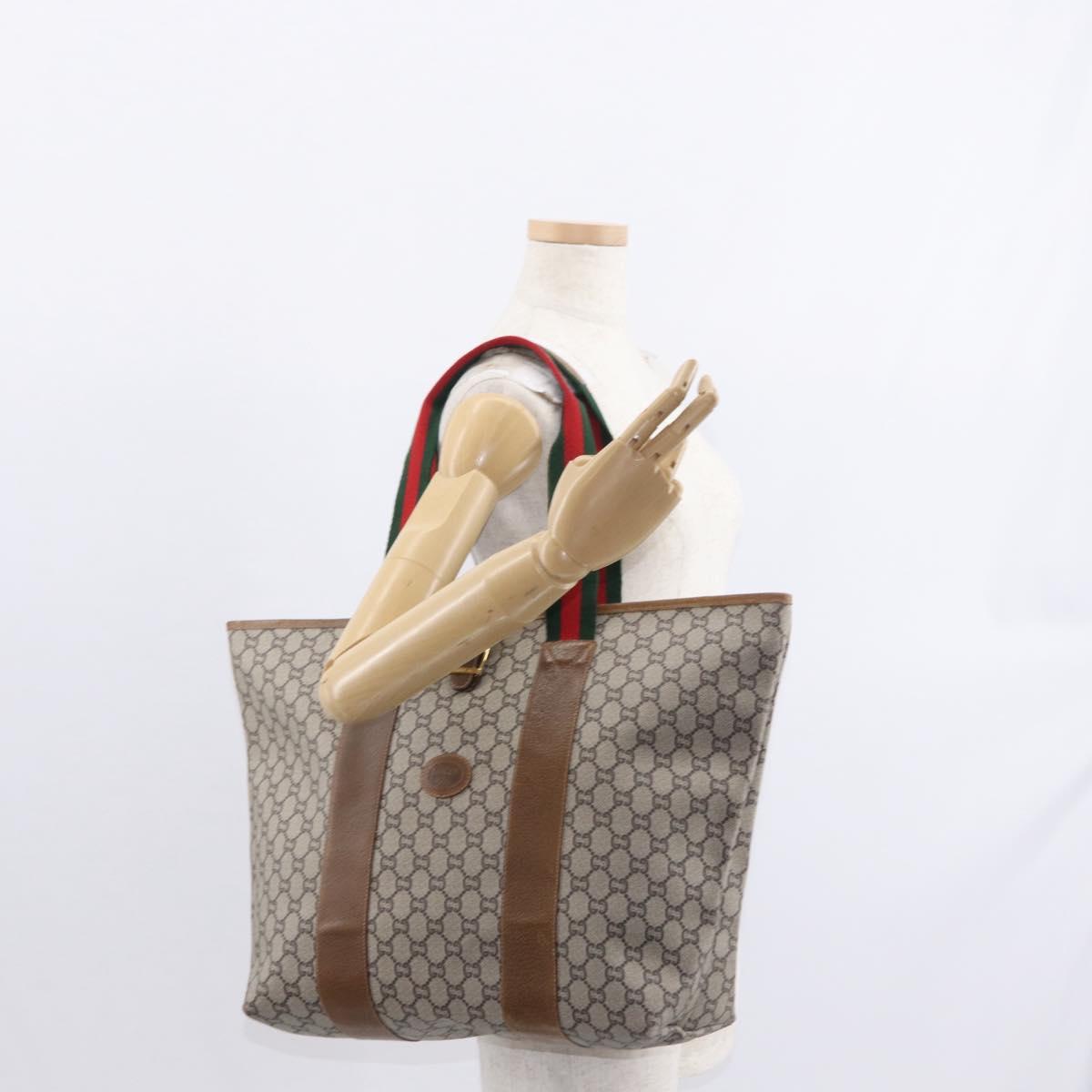 GUCCI GUCCI Plus Supreme Web Sherry Line Tote Bag PVC Beige Gold Auth ka624
