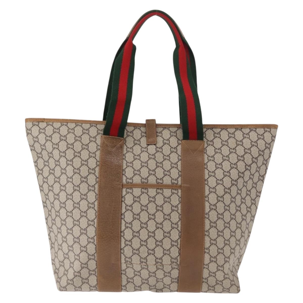 GUCCI GUCCI Plus Supreme Web Sherry Line Tote Bag PVC Beige Gold Auth ka624