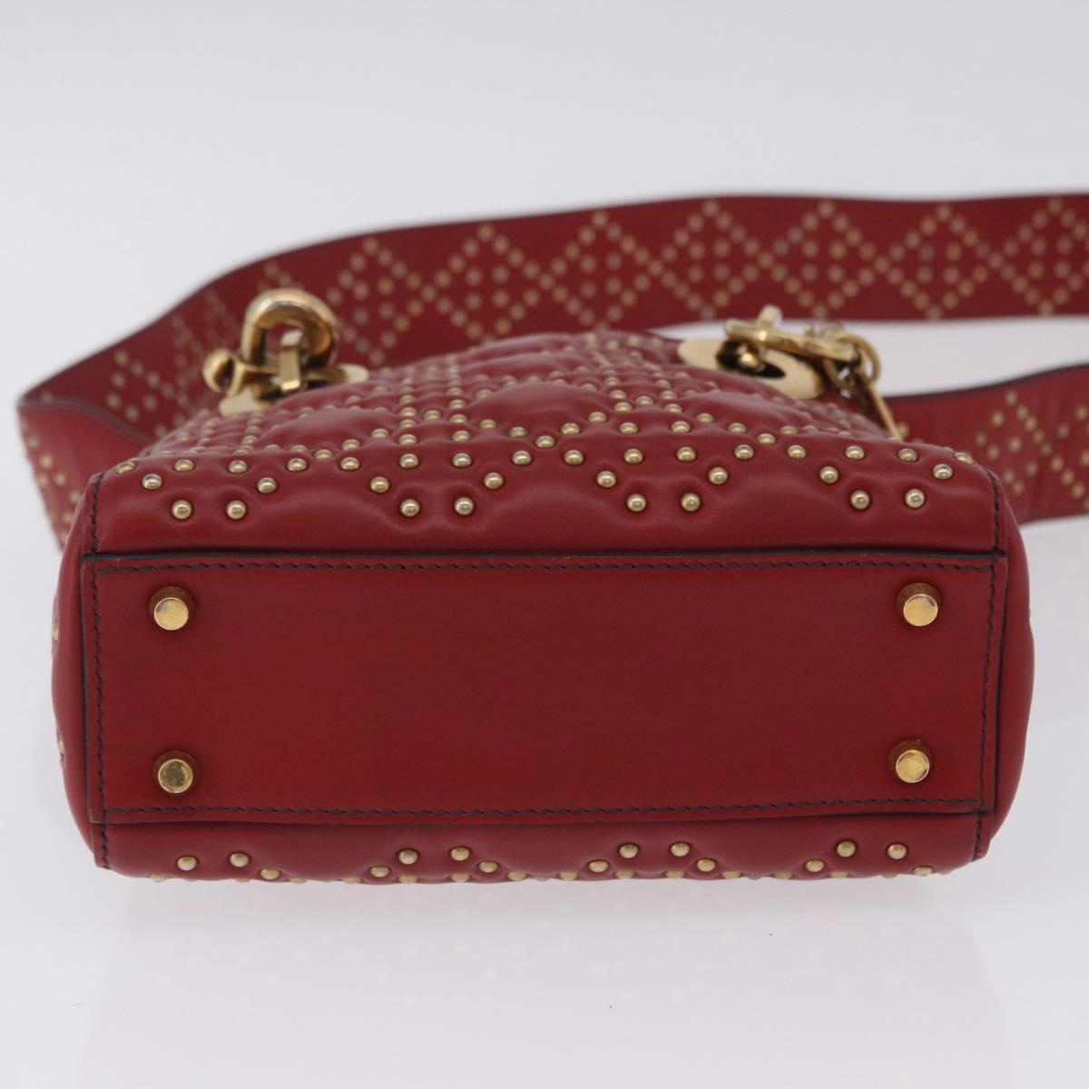 Christian Dior Lady Dior Canage Hand Bag Lamb Skin 2way Red Gold Auth ka6240V