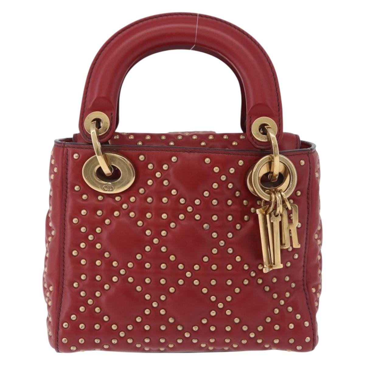 Christian Dior Lady Dior Canage Hand Bag Lamb Skin 2way Red Gold Auth ka6240V