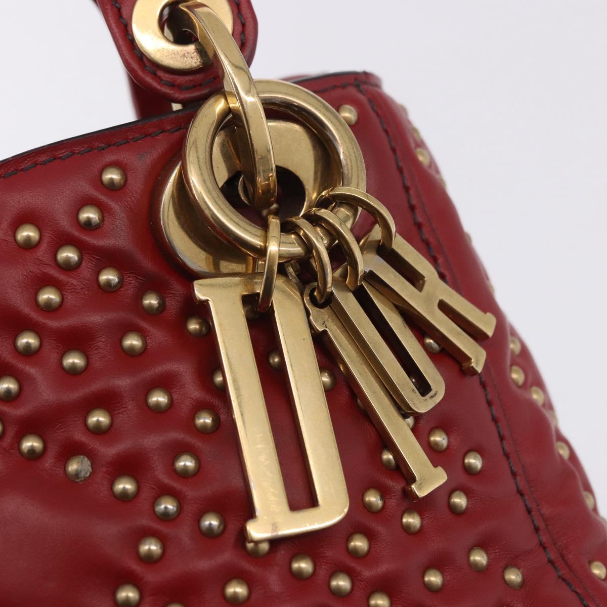 Christian Dior Lady Dior Canage Hand Bag Lamb Skin 2way Red Gold Auth ka6240V