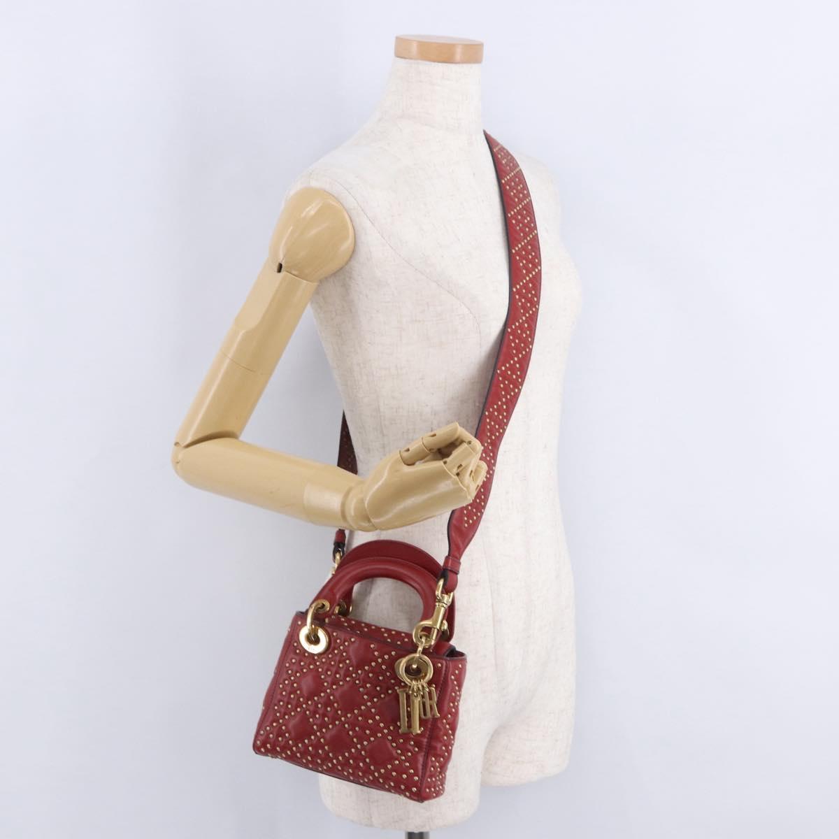 Christian Dior Lady Dior Canage Hand Bag Lamb Skin 2way Red Gold Auth ka6240V