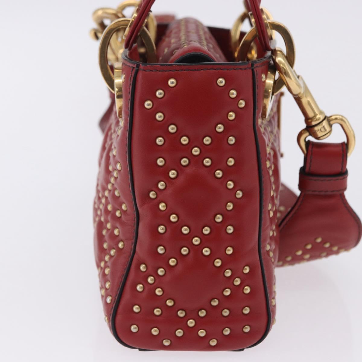 Christian Dior Lady Dior Canage Hand Bag Lamb Skin 2way Red Gold Auth ka6240V