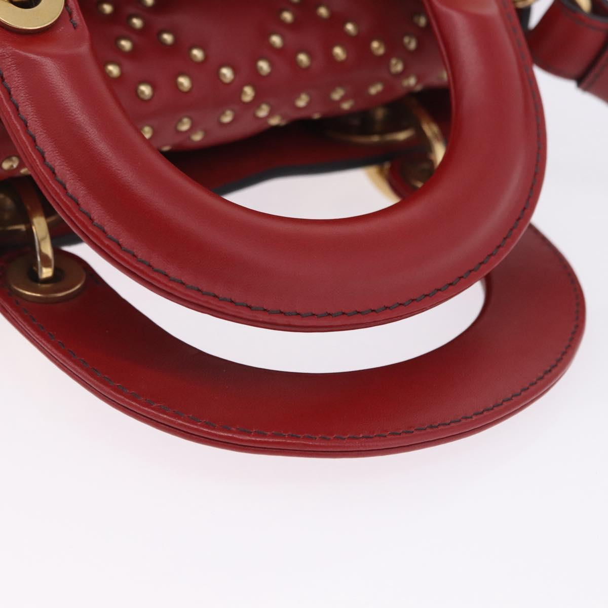Christian Dior Lady Dior Canage Hand Bag Lamb Skin 2way Red Gold Auth ka6240V