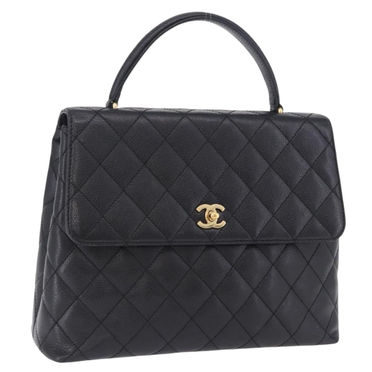 CHANEL Matelasse Hand Bag Caviar Skin Black Gold Tone CC Auth ka6241V