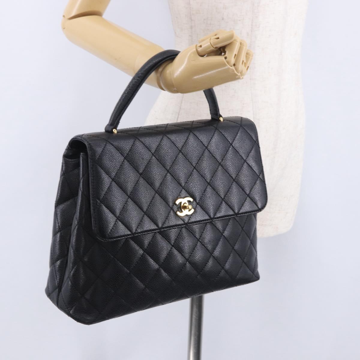 CHANEL Matelasse Hand Bag Caviar Skin Black Gold Tone CC Auth ka6241V