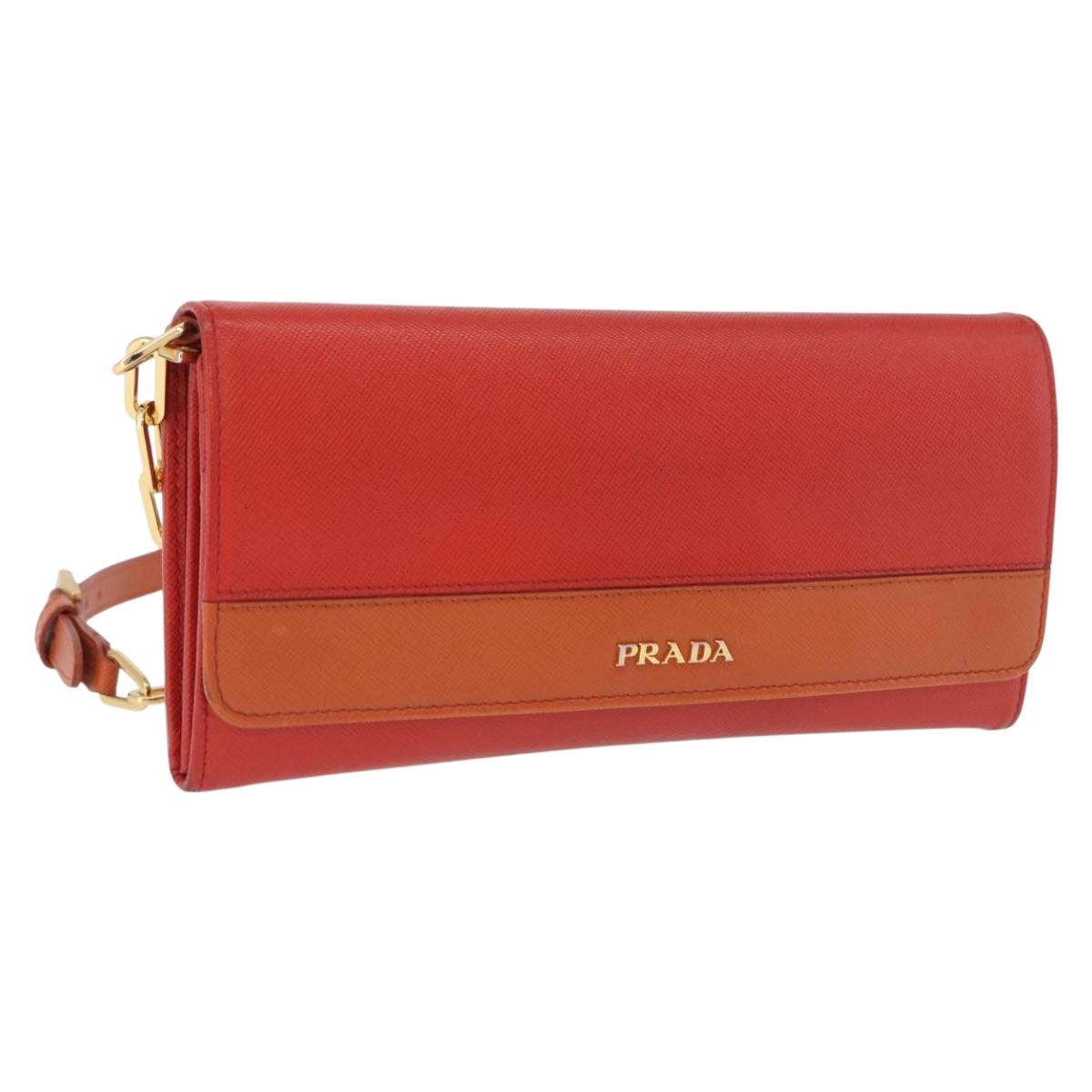PRADA Chain Shoulder Wallet Saffiano Leather Orange Gold Tone Auth ka6249