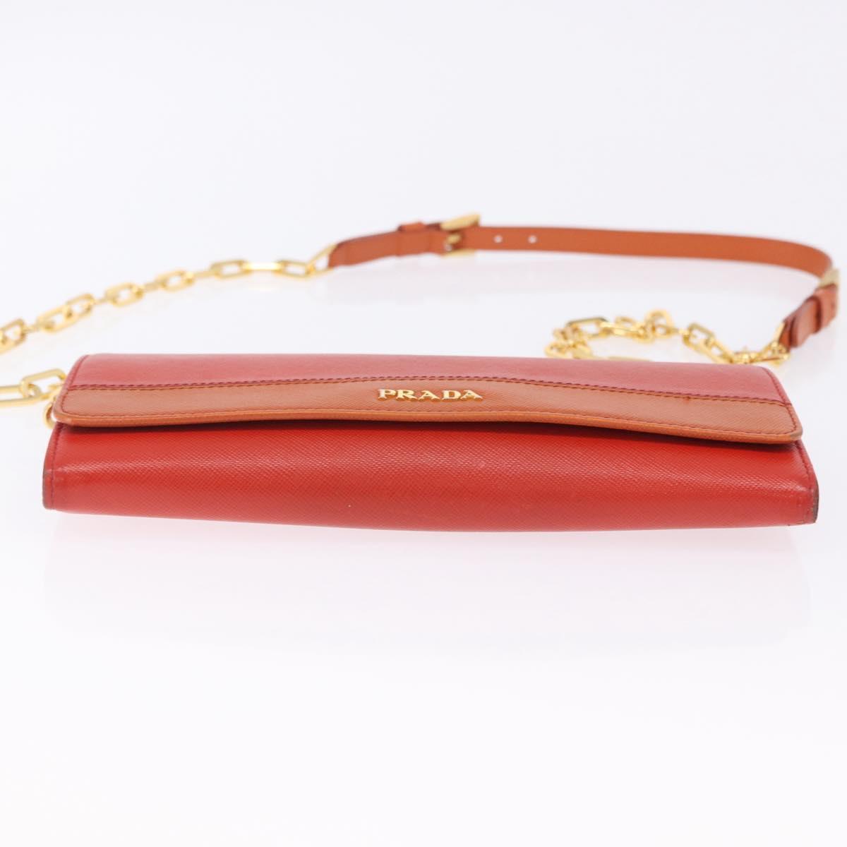 PRADA Chain Shoulder Wallet Saffiano Leather Orange Gold Tone Auth ka6249