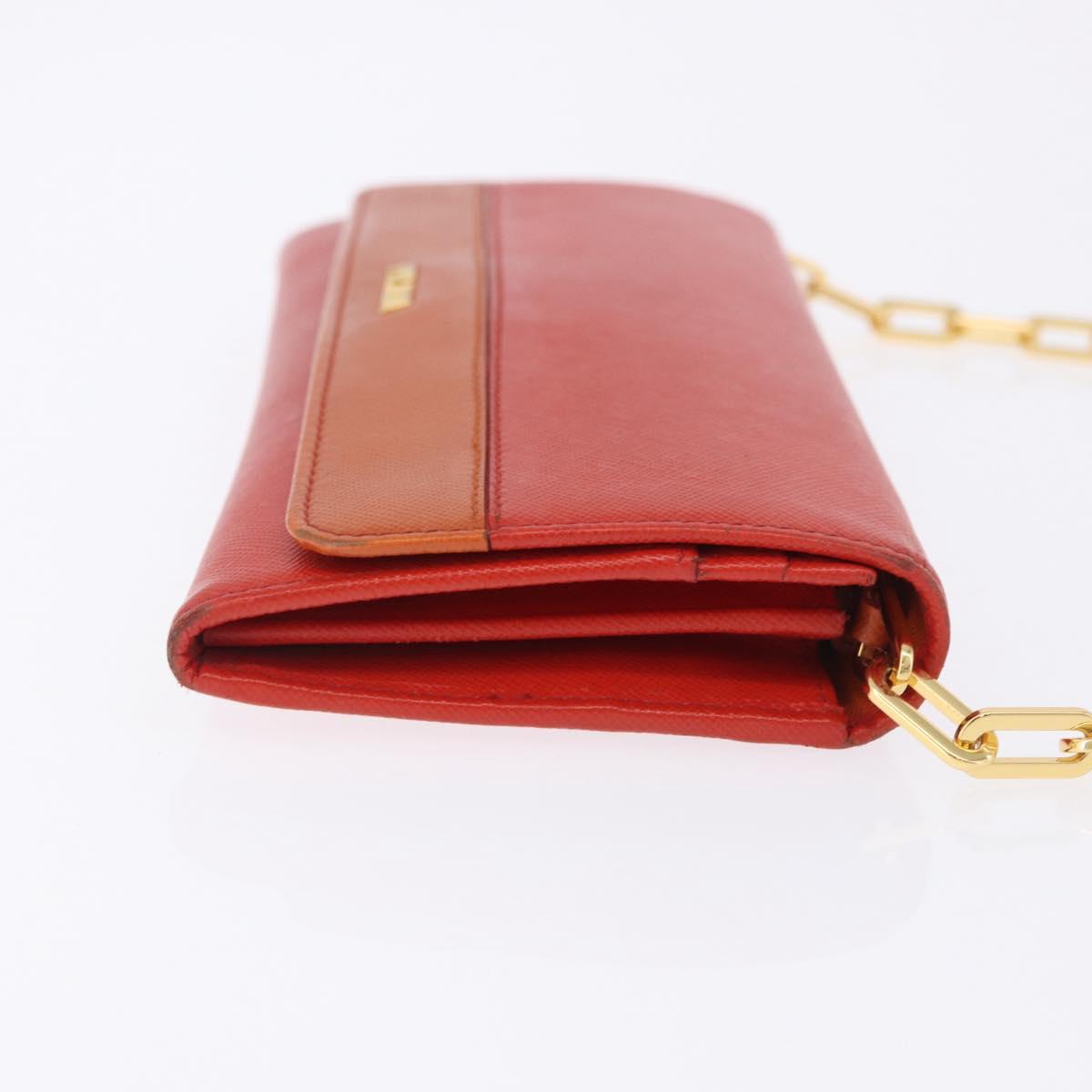 PRADA Chain Shoulder Wallet Saffiano Leather Orange Gold Tone Auth ka6249