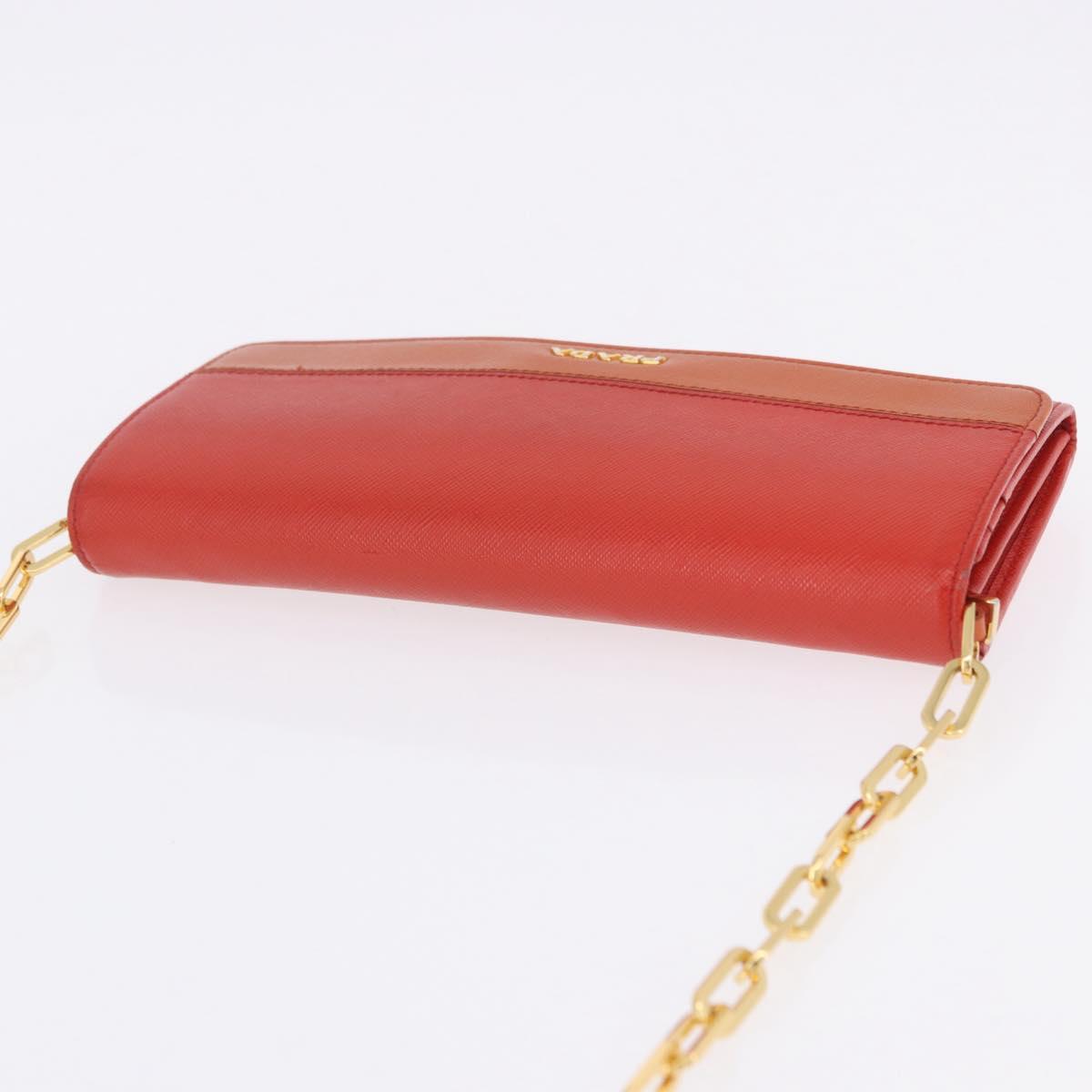 PRADA Chain Shoulder Wallet Saffiano Leather Orange Gold Tone Auth ka6249