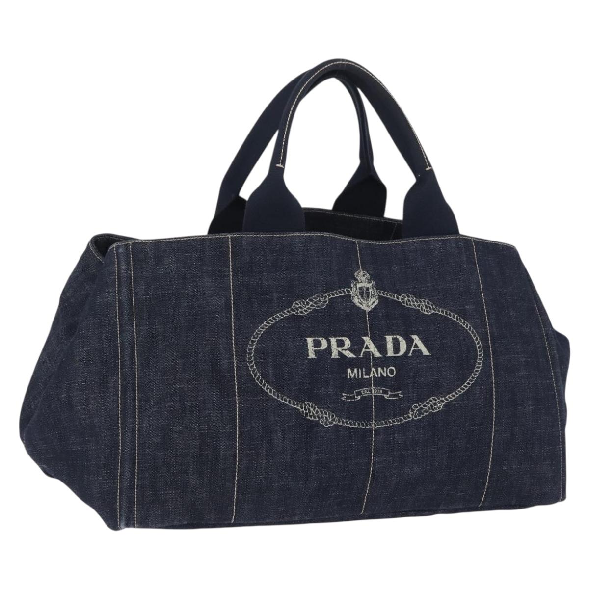PRADA Canapa GM Hand Bag Denim Blue Gold Tone Auth ka6253V