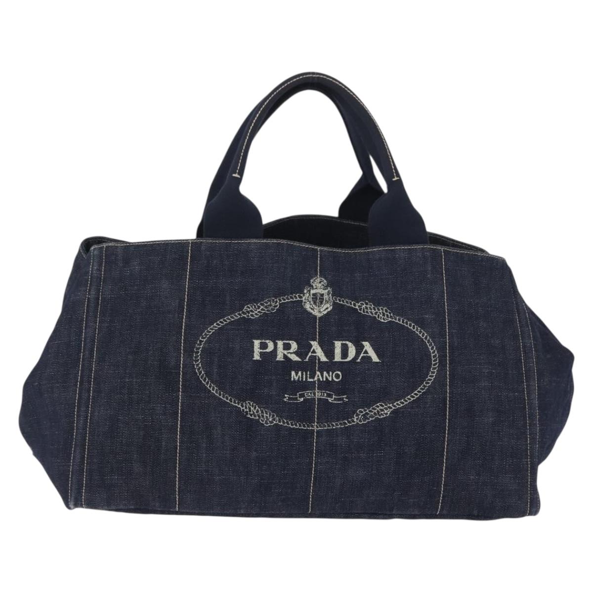 PRADA Canapa GM Hand Bag Denim Blue Gold Tone Auth ka6253V