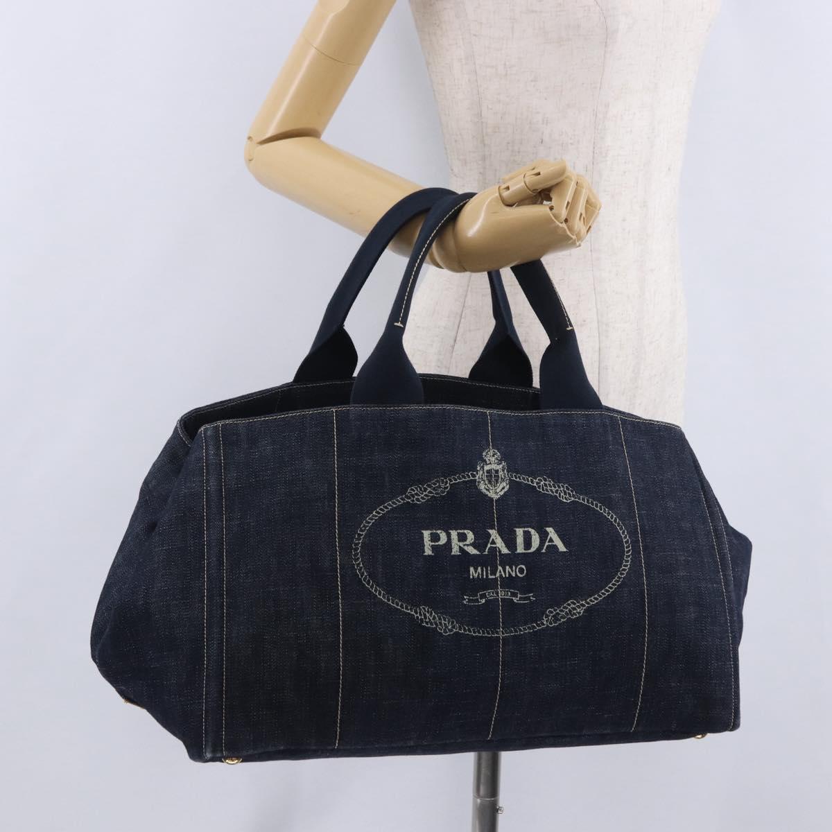 PRADA Canapa GM Hand Bag Denim Blue Gold Tone Auth ka6253V