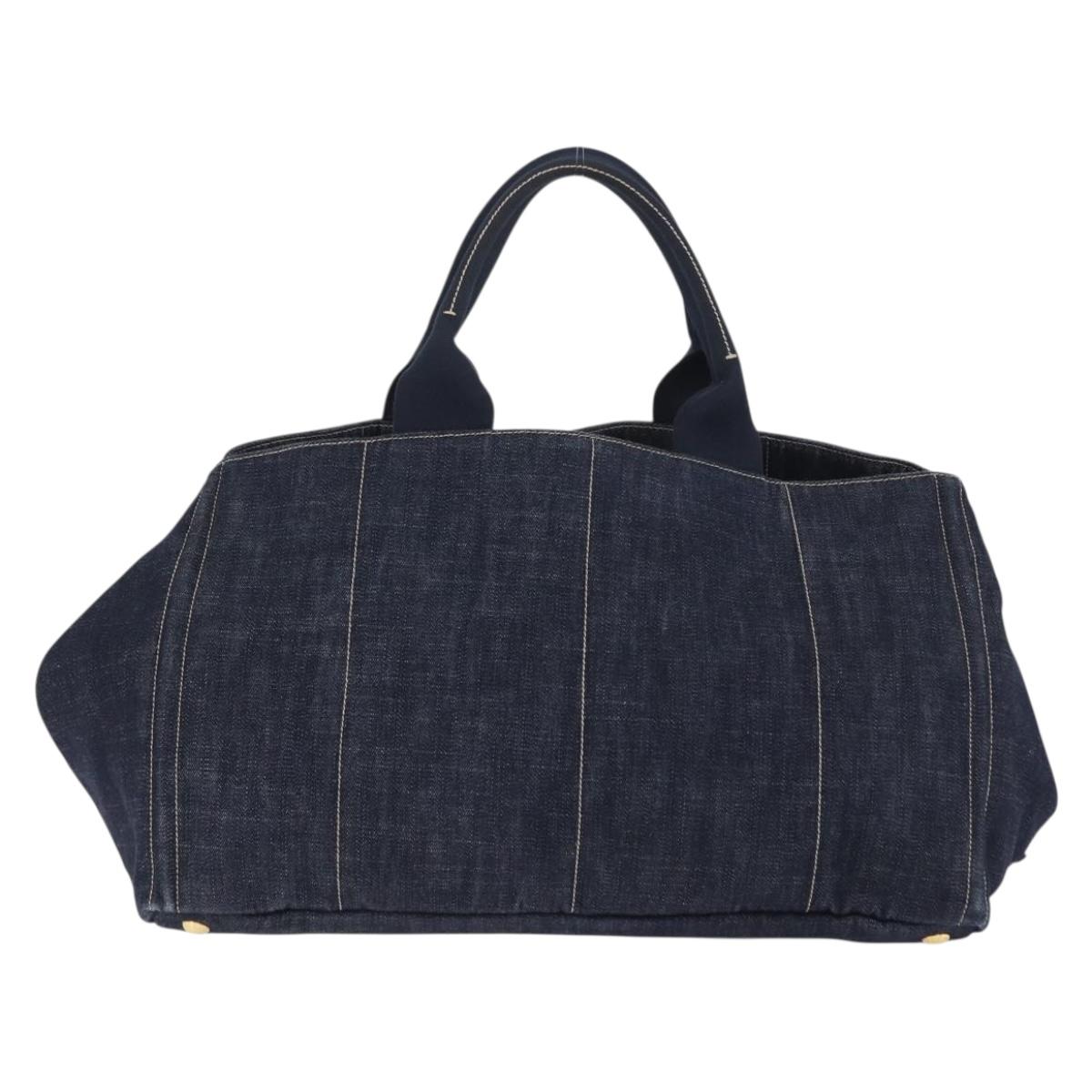 PRADA Canapa GM Hand Bag Denim Blue Gold Tone Auth ka6253V