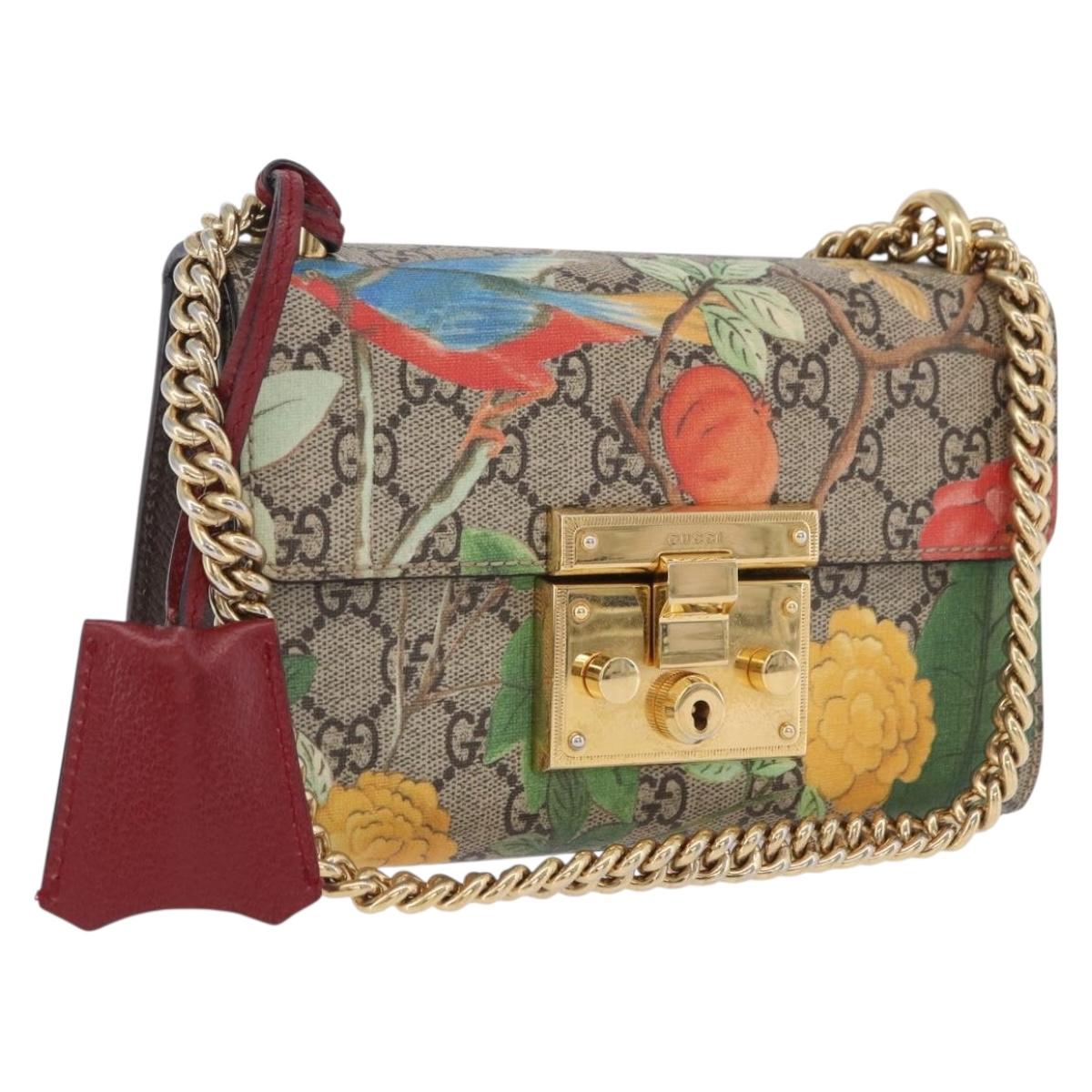 GUCCI GG Supreme Padlock Chain Shoulder Bag PVC Beige Gold 409487 Auth ka6254V