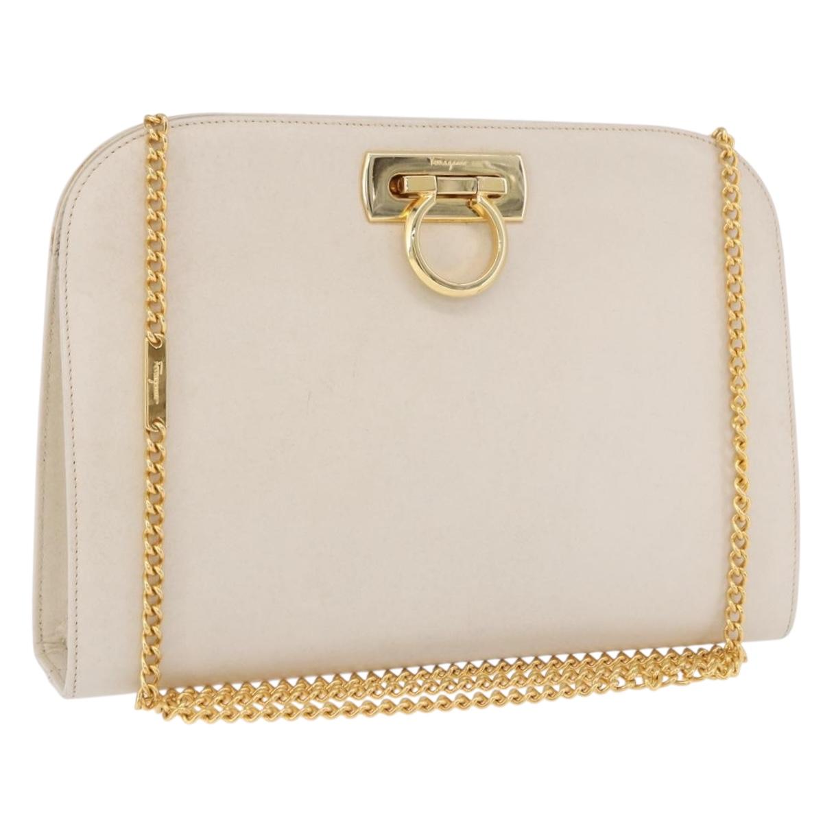 Salvatore Ferragamo Gancini Chain Shoulder Bag Leather White Gold Auth ka6255