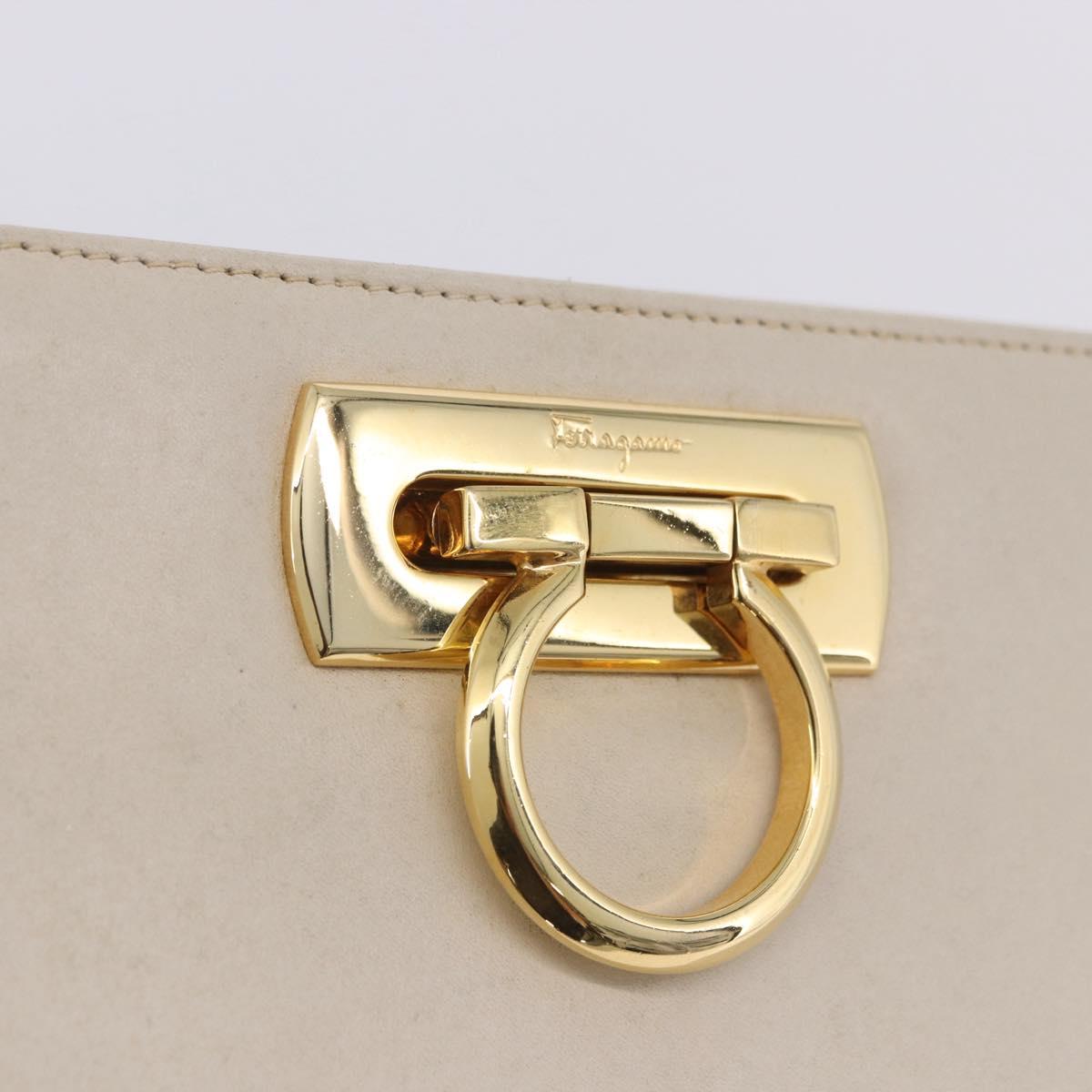 Salvatore Ferragamo Gancini Chain Shoulder Bag Leather White Gold Auth ka6255