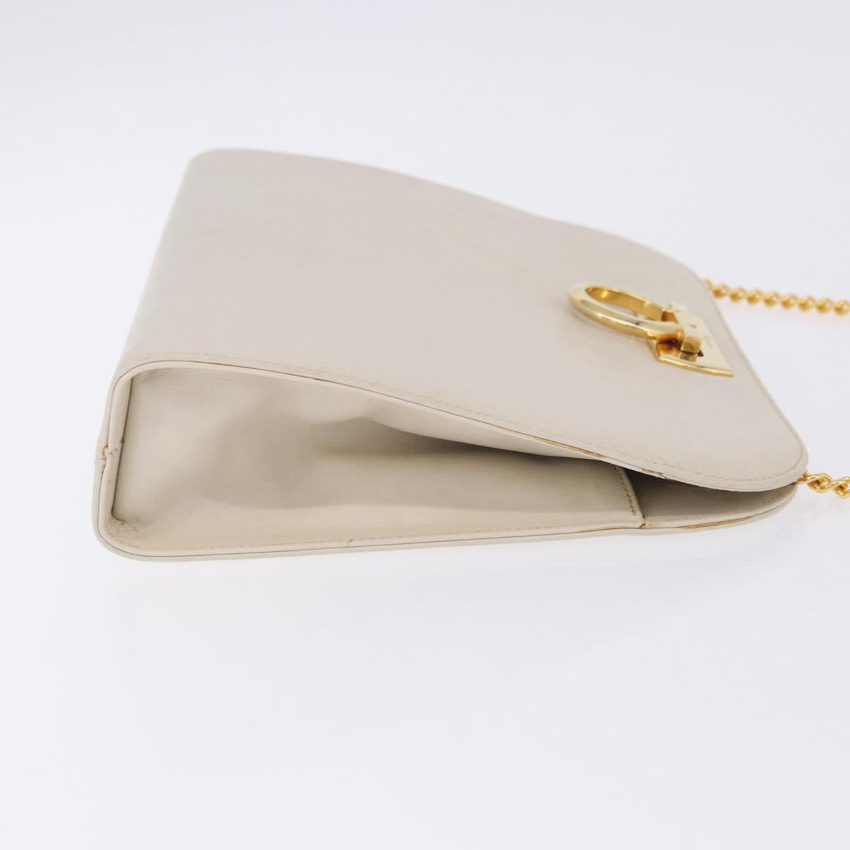 Salvatore Ferragamo Gancini Chain Shoulder Bag Leather White Gold Auth ka6255
