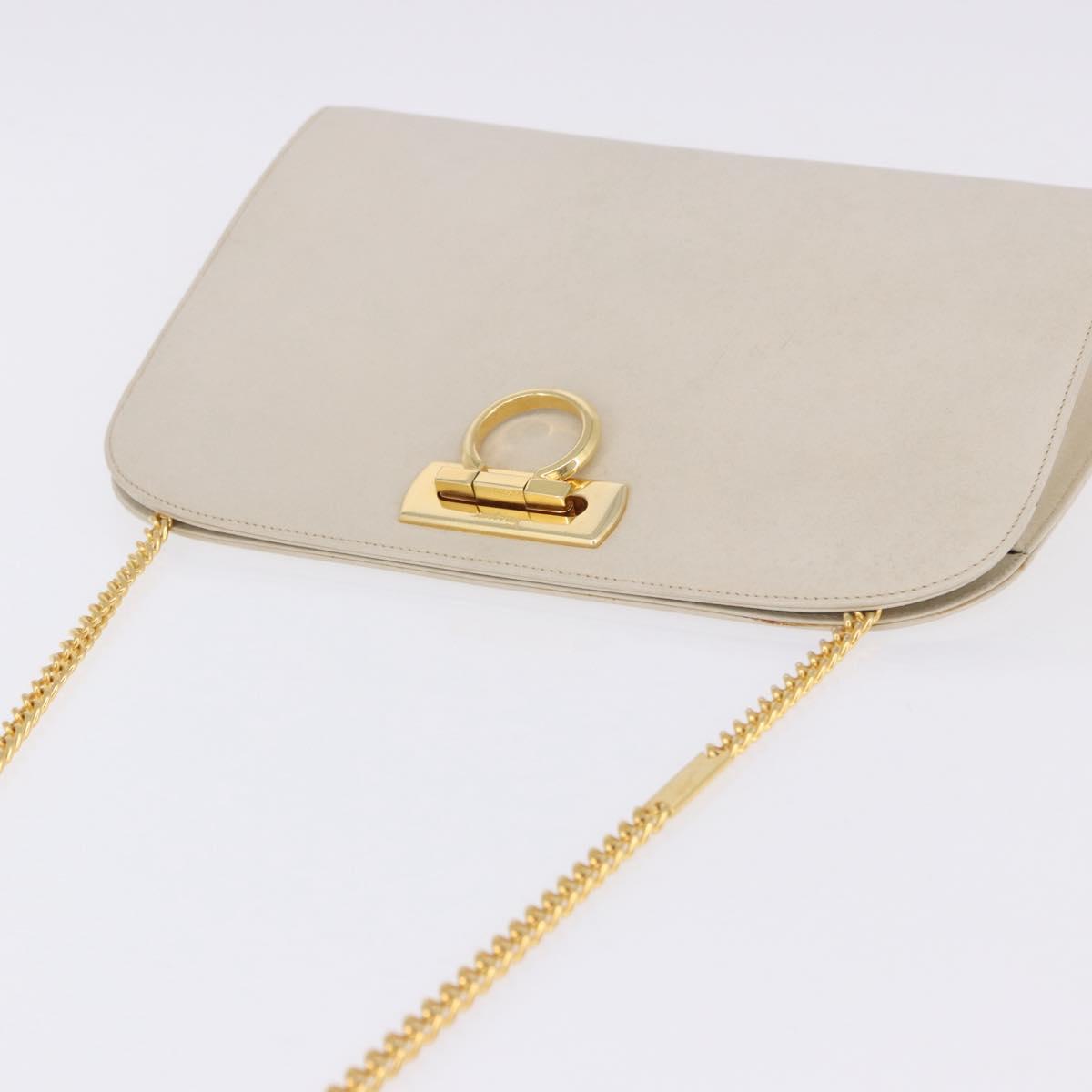Salvatore Ferragamo Gancini Chain Shoulder Bag Leather White Gold Auth ka6255
