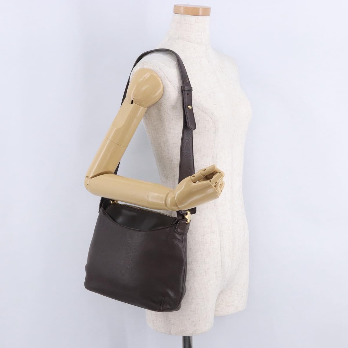 LOEWE Shoulder Bag Leather Dark Brown Gold Tone Auth ka6261A