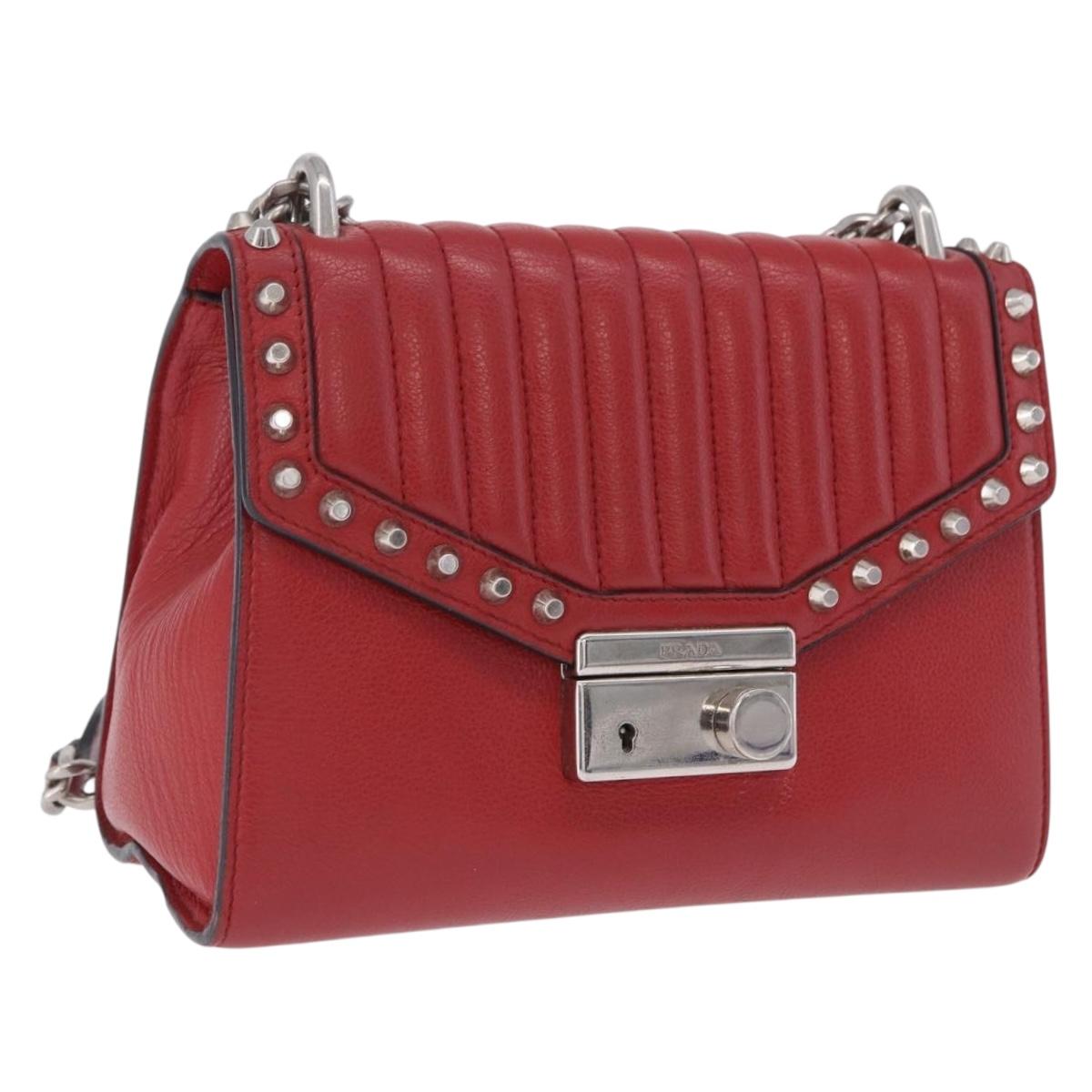 PRADA Chain Shoulder Bag Leather Red Silver Auth ka6268V