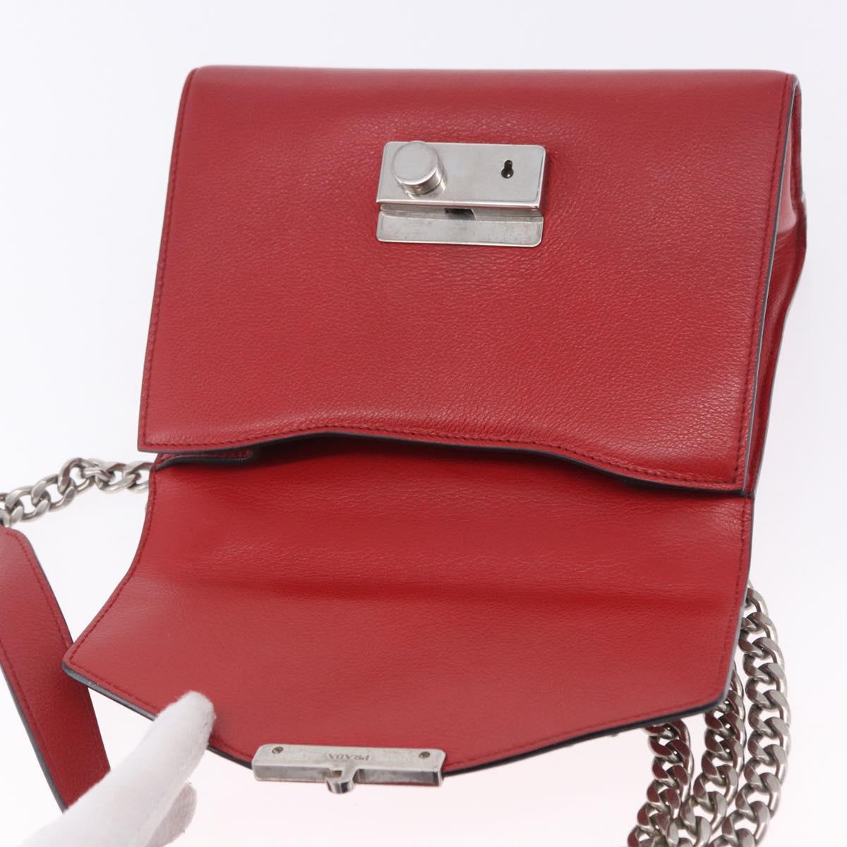 PRADA Chain Shoulder Bag Leather Red Silver Auth ka6268V