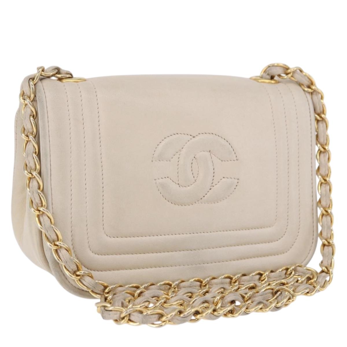 CHANEL COCO Mark Chain Shoulder Bag Lamb Skin Ivory Gold Tone CC Auth ka6278A
