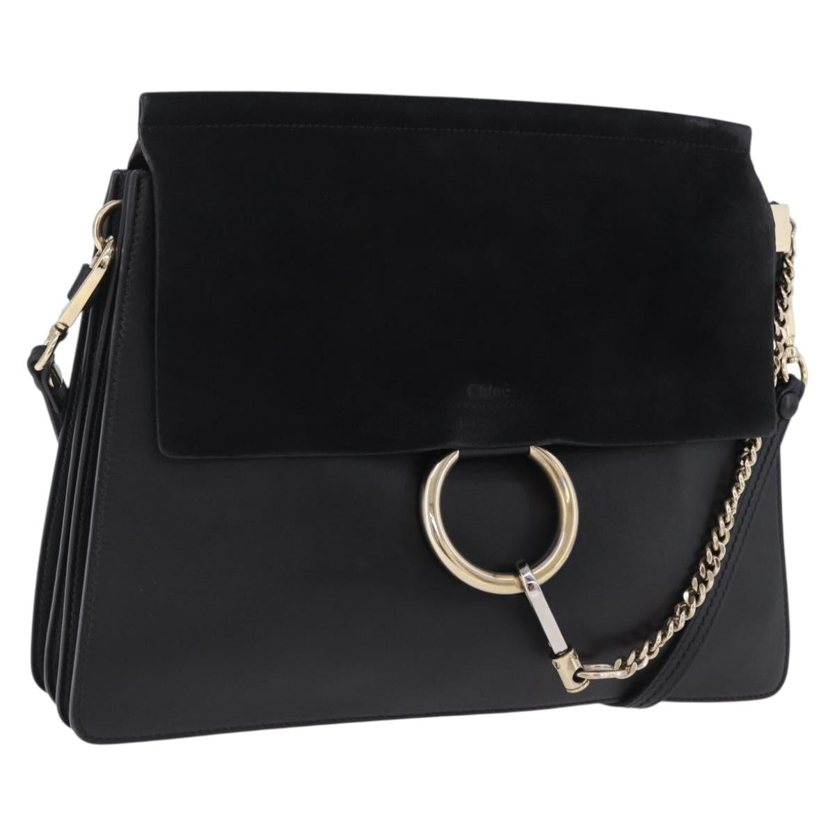 Chloe Faye Chain Shoulder Bag Suede Black Gold Tone Auth ka6283