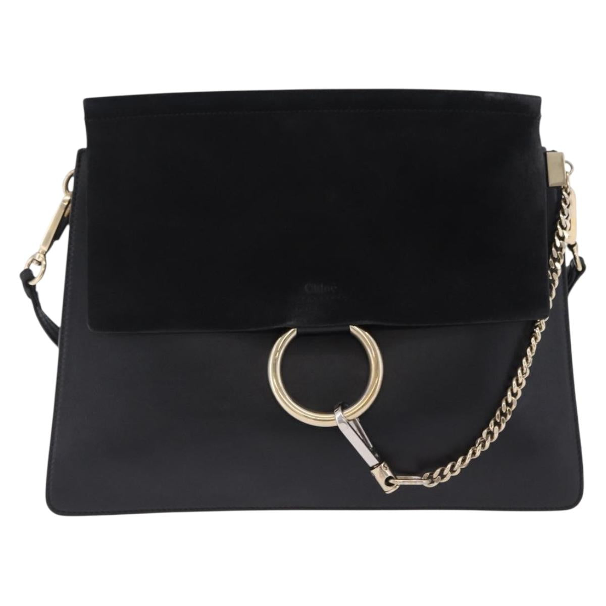 Chloe Faye Chain Shoulder Bag Suede Black Gold Tone Auth ka6283
