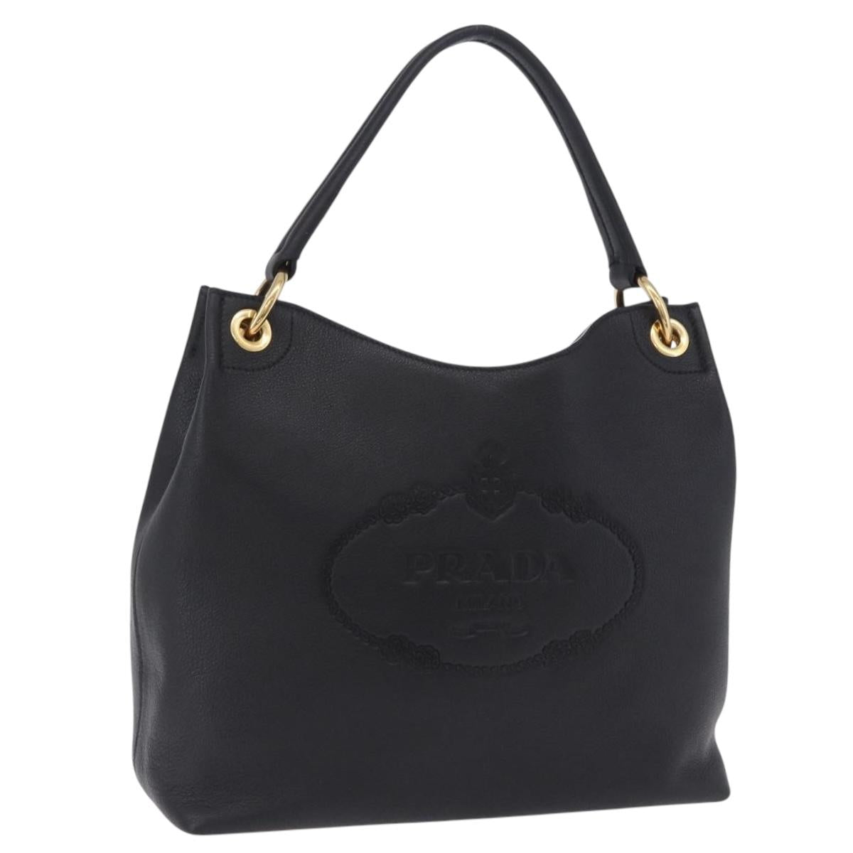 PRADA Shoulder Bag Leather Black Gold Tone Auth ka6289M