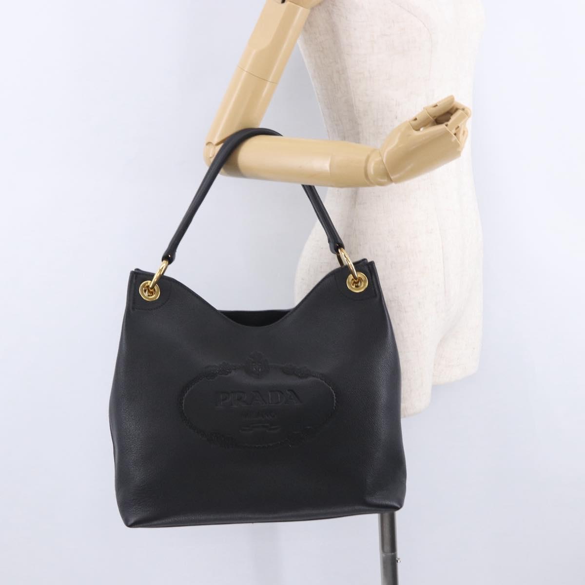 PRADA Shoulder Bag Leather Black Gold Tone Auth ka6289M